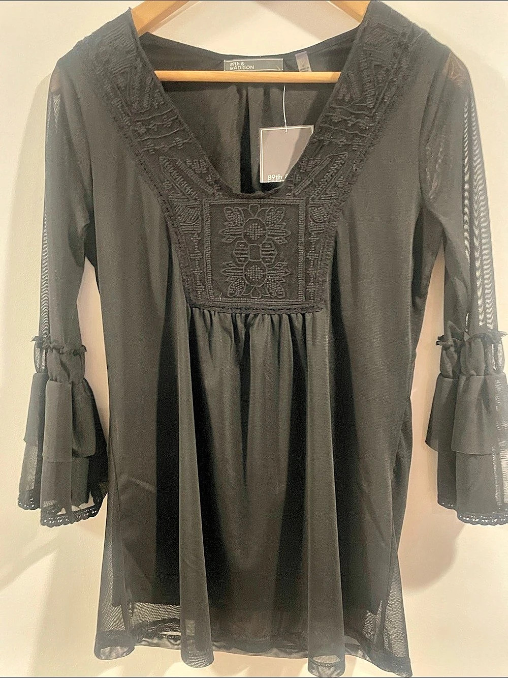 Embroidered Mesh Bell Sleeve Blouse Black Small NWT whimsy goth witchy dark fai